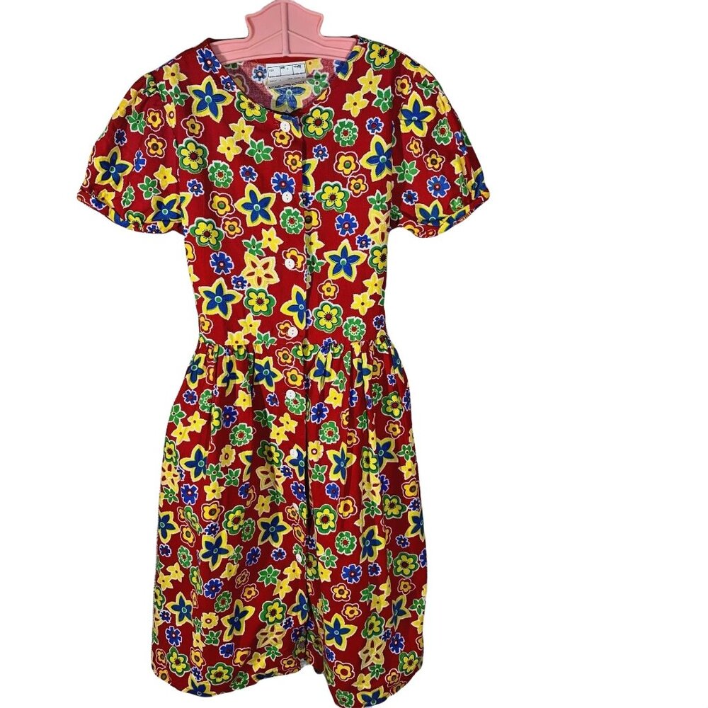 Vintage Novelty Print Floral Button Down Red Retro Dress 7